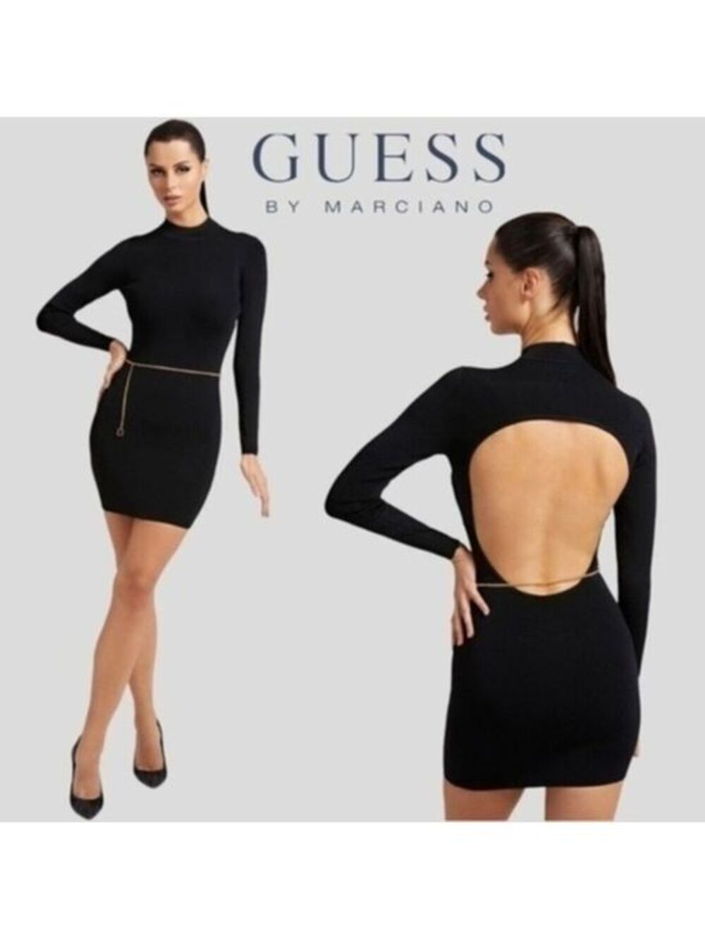 GUESS Mariah Long Sleeve Mock Neck Open Back MiniDress w/Gold Chain Belt NWT/XL